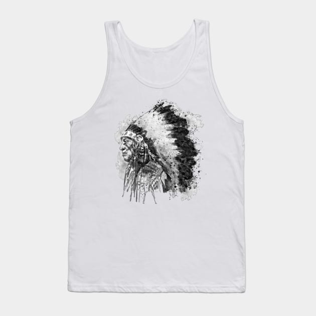 Black and White Watercolor Portrait-Native American Chief Profile Tank Top by Marian Voicu